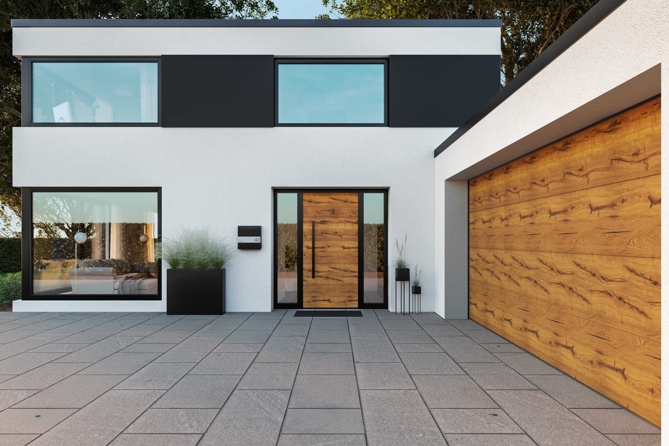 Aluminium-Haustür ThermoSafe Motiv 860 Türblatt in MatchDecor Stadelholz, Garagen-Sektionaltor L-Sicke Duragrain Stadelholz grauN Hörmann Türen
